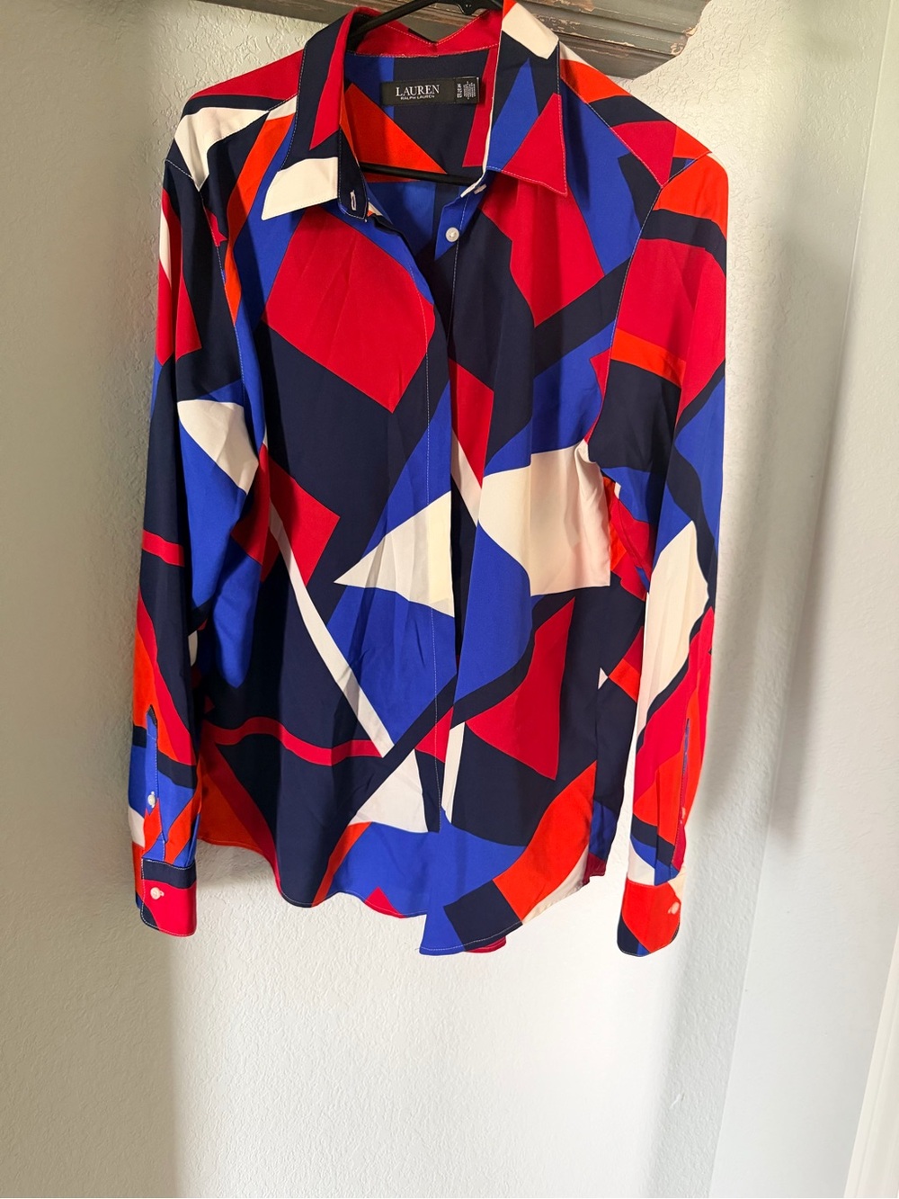Lauren Ralph Lauren XL Red, Blue & White Abstract Geometric Button-Down Blouse
